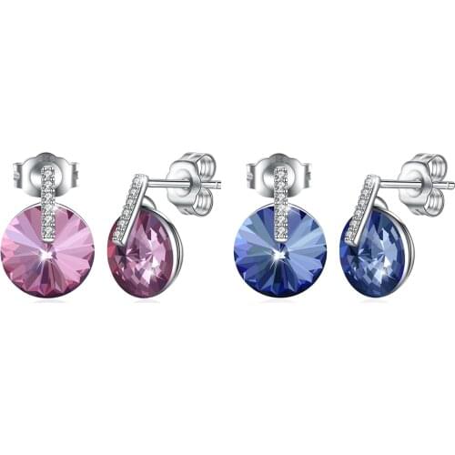 ZEMIOR Round Colorful Austria Crystal Stud Earring Genuine 925 Sterling Silver Women Earrings Fine Jewelry Trendy Party Gift