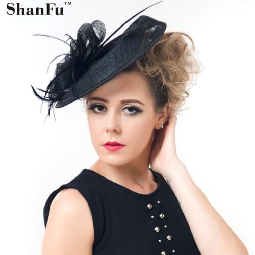 ShanFu Women Large Feather Sinamay fascinators Hats Lady Fancy Headband Hairclip for Wedding Party Races SFCS12391 4pcs/lot