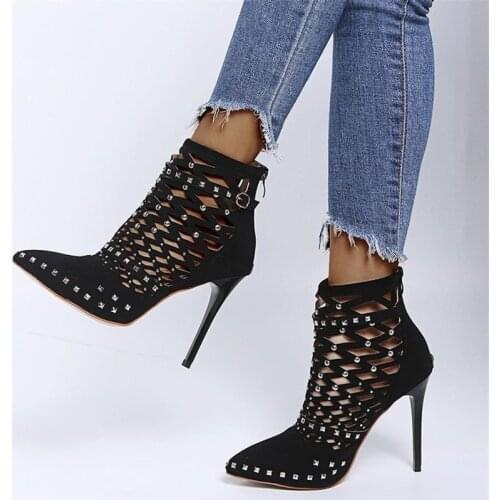 Spring Summer New Breathable Hollow Out Women Ankle Boots Sexy Pointed Toe Rivet Ladies High Heels Party Dress Pumps Stiletto