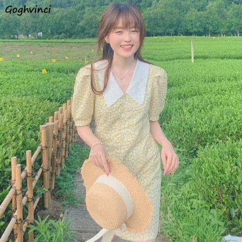 Dresses Women Oversize Loose Elegant Sweet Girls Puff Sleeve Print Soft All-match Simple Casual Fashion Korean Style Vintage Ins