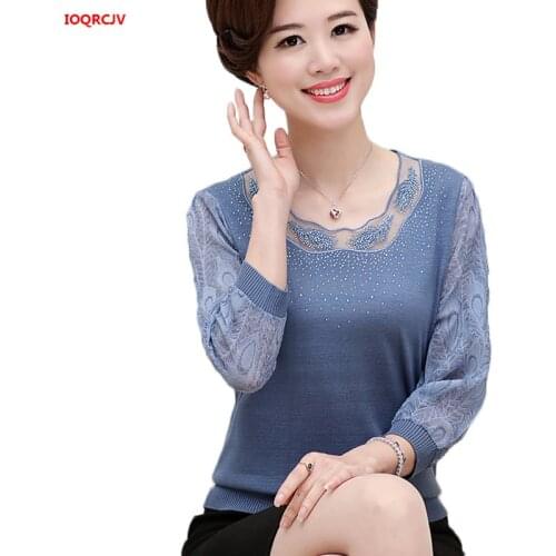 Womens Spring New Thin Sweaters And Pullovers Fashion Lace Chiffon Sleeve Shirt Middle-aged Mother Elegant Knitwear Tops W1767