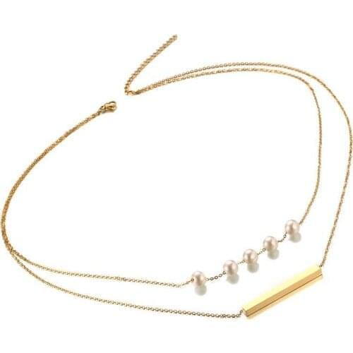 Stainless Steel Love Double-deck Square Choker Necklaces 8MM Simulated Pearl clavicle chain Gold Color Women Female Xmas Gift