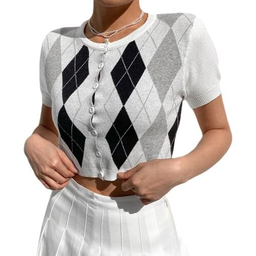 Women Button Down Crop Tops, Sexy Short Sleeve Crew Neck Argyle Print Rib Knit T-Shirts
