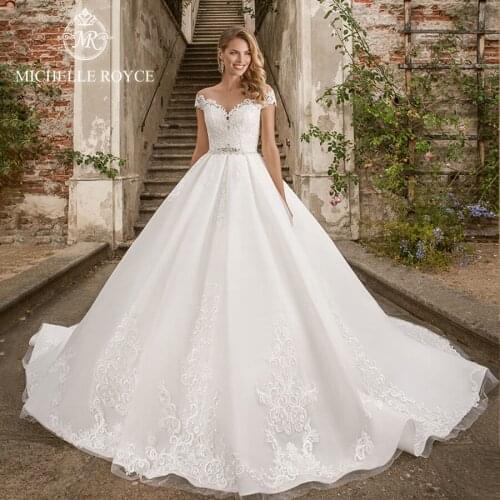 Michelle Royce Ball Gown Wedding Dresses 2020 sexy V-neck Off The Shoulder Sashes Crystal Button Chapel Train Vestido De Novia