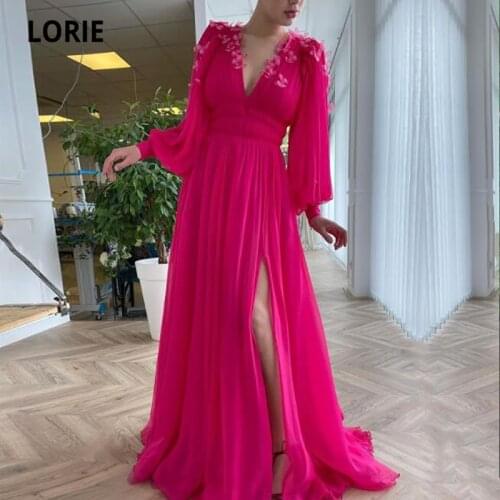 LORIE Fuchsia Prom Dresses with Flowers V-Neck Pleats Long Puff Sleeves Sexy Arabic Evening Gown Celebrity Party Dress 2021