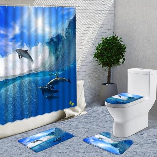 Dolphin Shower Curtains 4pcs Sets Ocean Landscape Home Decor Bathroom Curtain Bath Mats Rug Toilet Cover Pad U-shaped Pad Carpet