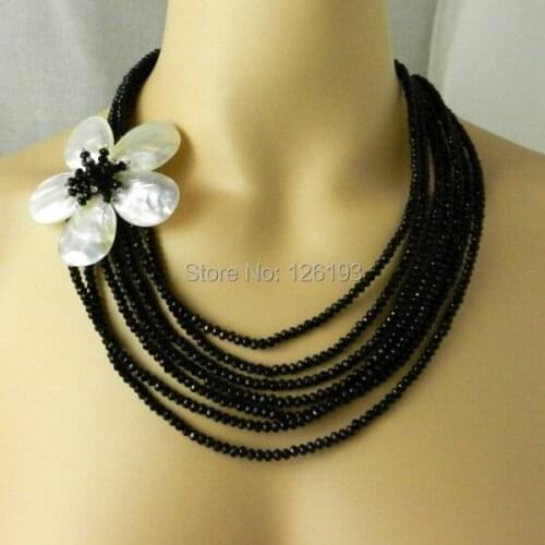 Multi 7 Strand Necklace White Flower MOP Shell Sparkly Black Crystal Layer