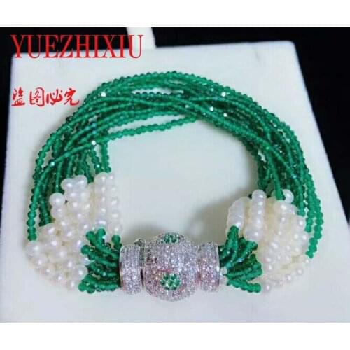 8row Ball micro inlay zircon clasp 4mm green jade stone pearl multi-rows bracelet gift 8inch