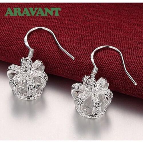 925 Silver Jewelry Earrings Women Crown Crystal Drop Earring For Women Engagement Jewelry