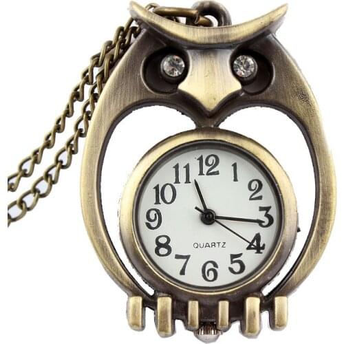 Bronze Cute Owl Pocket Watch Necklace Pendant Quartz Fob Chain Small Size Sliver Watches for Men Women Kids Child Gift Clock