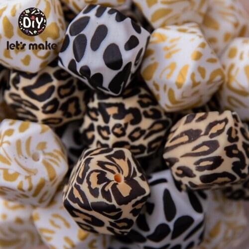 Lets Make 10PCS 17mm Shape beads Baby Teether Printed Leopard Octagonal Beads BPA Free Food Grade Chewing Toys Beading DIY