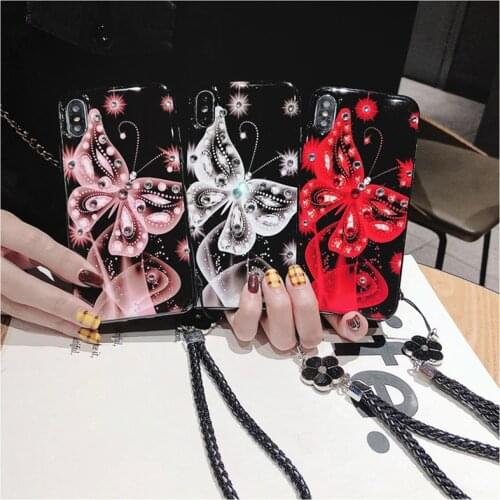 Fashion Bling Rhinestone Beautiful Butterfly Case Cover With Diamond Flower Hand Chain For Iphone XS Max XR X 8 7 6 6S Plus