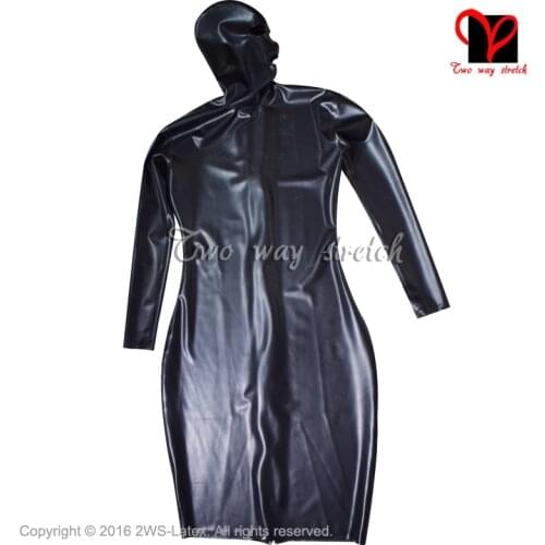 Black Sexy Latex Dress With Hoods Open Eyes Mouth Nose Long sleeves Rubber baby doll Playsuit Bodycon plus size clothing QZ-118