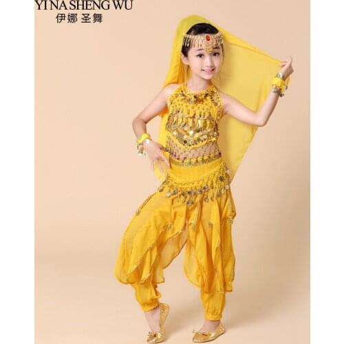2018 children belly dance 5 pcs(top+pant+waist chain+bracelet+headdress) indian clothes girls belly dance bollywood costume H005
