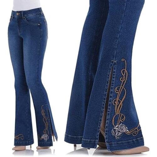 Women Vintage Side Slit Flare Jeans Elastic Denim Pants Bell Bottoms Trousers