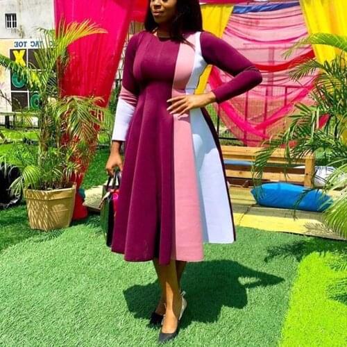 Elegant Dress Women for Wedding Party Long Burgundy Patchwork Full Sleve High Waist A Line Mid Calf Dinner Night Vestidos Mujer