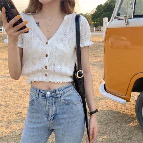 Woman TShirts Button V-neck Knitted T-shirt Womens Ruffled Short Sleeves Short Top Summer Wear Crop Top Mujer Camisetas