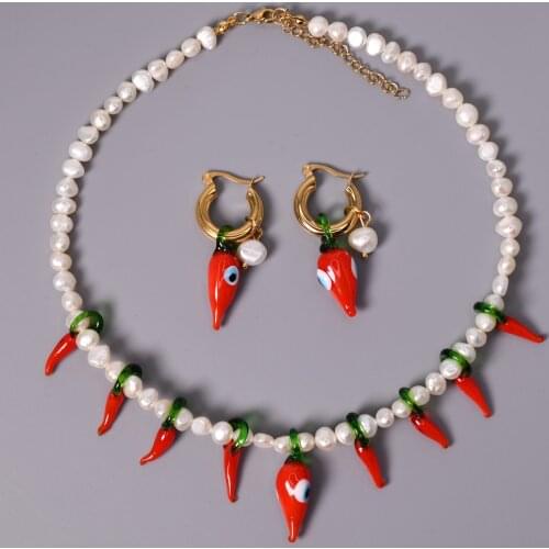 KBJW Original Red Chilli Pearl Necklace Earring Set Funny Stunning Party Jewelry Stainless Steel Hoop Pendant Earrings for Women
