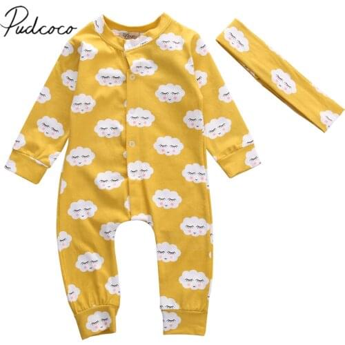 2019 Baby Spring Fall Clothing Newborn Baby Kids Girls Cotton Jumpsuit Romper Headband 2Pcs Outfits Clouds Print Clothes 0-18M