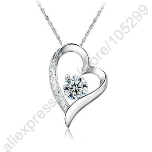 Nice Rhodium Plate Genuine 925 Sterling Silver Jewelry Charms Heart Cubic Zirconia CZ Pendant Necklaces beauty Party Gift