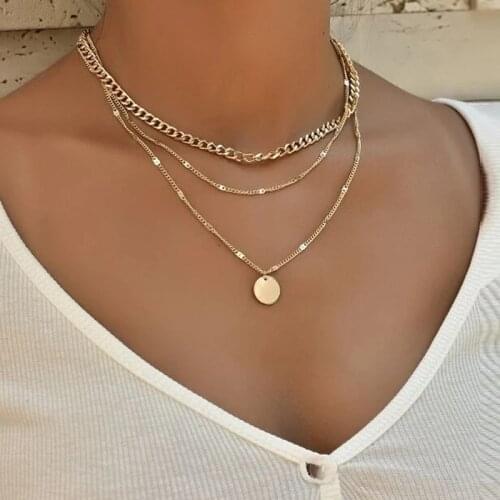 Cute Gold Color Round Metal Nameplate Pendant Necklaces For Women Three-layered Chains Punk Necklaces 2021 New Fashion Jewelry