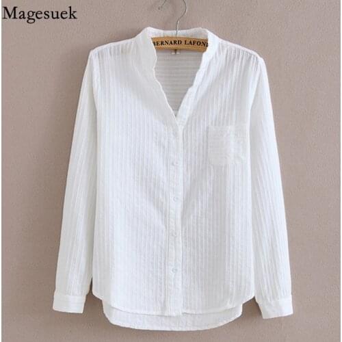 Fashion Long Sleeve White Women Shirts High Quality V Neck Cotton Blouse Women Loose OL Solid Blouse Casual Ladies Tops 1715 50