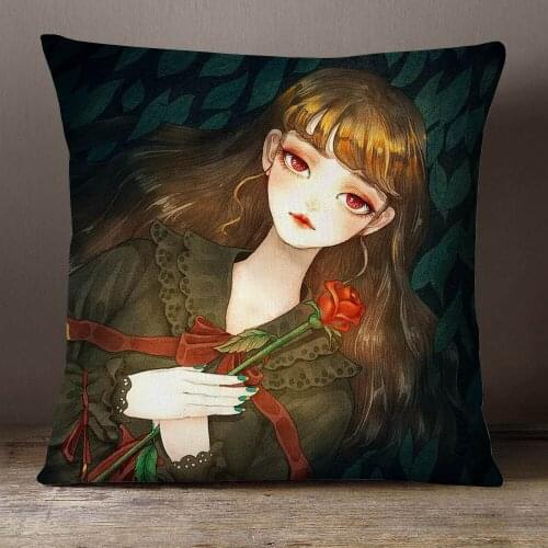 Cartoon Girl Painting Cushion Cover Japan Style Anime Portrait Throw Pillow Case 45X45cm Beige Linen Living Room Sofa Decoration