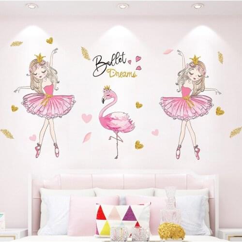 Cartoon Ballet Girl Dancer Wall Stickers Flamingo Hot Air Balloons Wall Decal for Kids Room Baby Nursery Bedroom Home Decoration