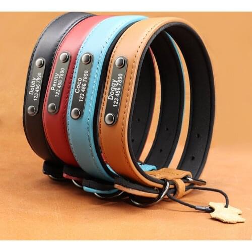 Real Leather Personalized Dog Collar Custom Engraved Dogs ID Collars With Name Plate Soft Padded Pet Necklace Free Engraving