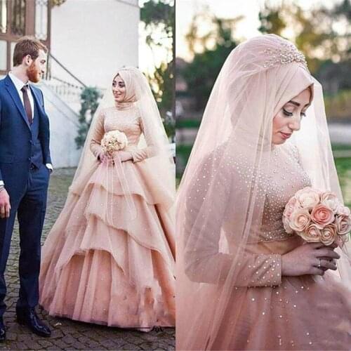 2020 Latest Muslim Wedding Dress Light Pink High neck Rhinestones Long Sleeve Tiered Skirts Tulle Bridal Gowns vestido de noiva