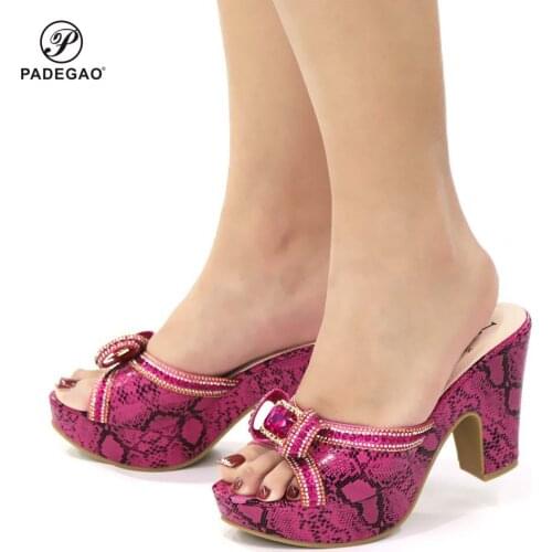 New Fuchsia Color High Qualtiy African Woman Shoes Decorated with Crystal Fashion Lady Shoes High Heels Women Pumps for Wedding