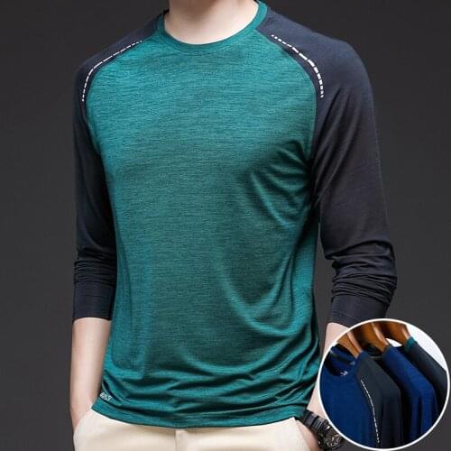 2021 Autumn New Solid Color Mens Long-sleeved Ice Silk T-shirt Fitness High Stretch Running Sports Fitness Long-sleeved Top