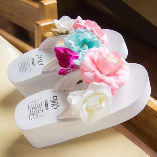 6cm High Heel Womens Summer New Beach Handmade Flip-flops Muffin Thick Bottom Flower Sandals Increase Wild Womens Slippers