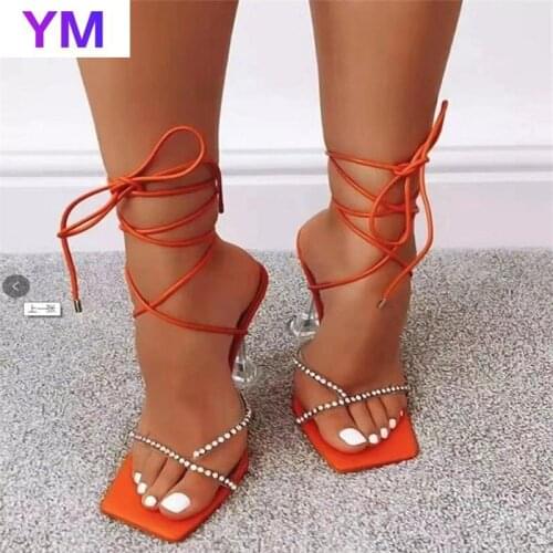 PVC Transparent Cross Women Clear Crystal Thin High Heel Stilettos Sexy Lace Up 2021 Summer Sandals Shoes Open Toe Ladies Shoes