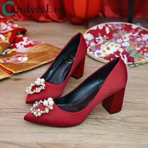 Wedding Shoes Womens Thick Heel New Pregnant Pearls Crystal Satin Pointed Toe Elegnant Fat 5cm 7cm Heels Female Nice New Pumps