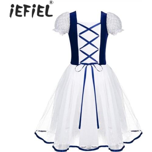 IEFiEL Teen Kids Velvet Lacework Bubble Sleeves Ballerina Dance Dresses Gymnastics Leotard for Girls Contemporary Tutu Dress