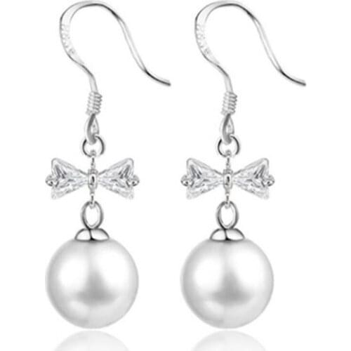 S925 Silver Earring Pearl & CZ Bow Drop Earring For Women Wedding Gift Lady Girl Fashion Jewelry
