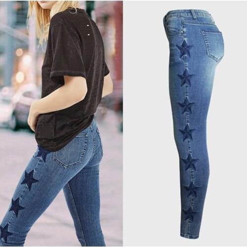 Women High Waist Summer Pencil Skinny Jeans Female Casual Cowboy Denim Pants Ladies Elastic Stretch Star Patten Jean Trousers