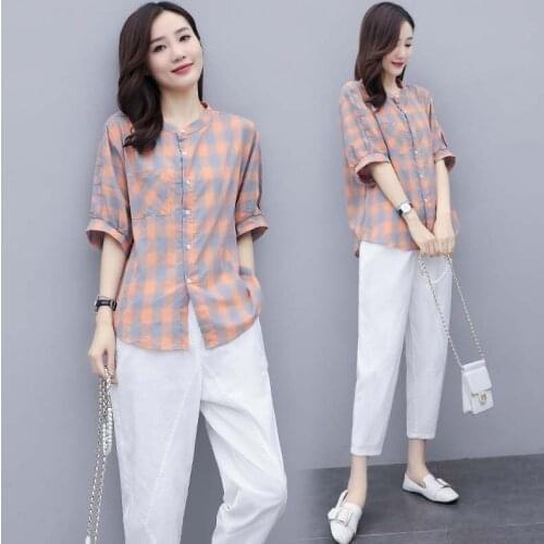Womens cotton and linen casual suit womens summer new style temperament plaid shirt 9 points pants fashion 2 piece set women