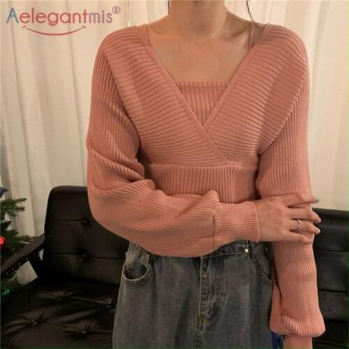 Aelegantmis French Puff Sleeve Fake Two Piece Knitted Sweater Women Fashion Elegant Slim Pullover Top Chic Design Style Pullover