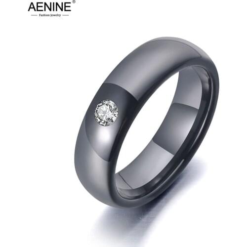 AENINE Trendy Office Style Black Ceramic Crystal Wedding Rings Jewelry For Women Stainless Steel Rhinestone Girls' Ring AR19070