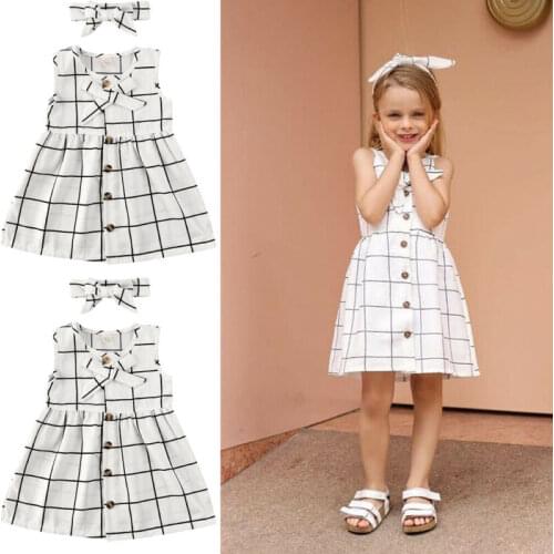 Baby Girl Plaid Dresses Summer Casual Toddler Kids Baby Girls Party Wedding Formal Dress+headband Set Dress Outfits 0-4 Years