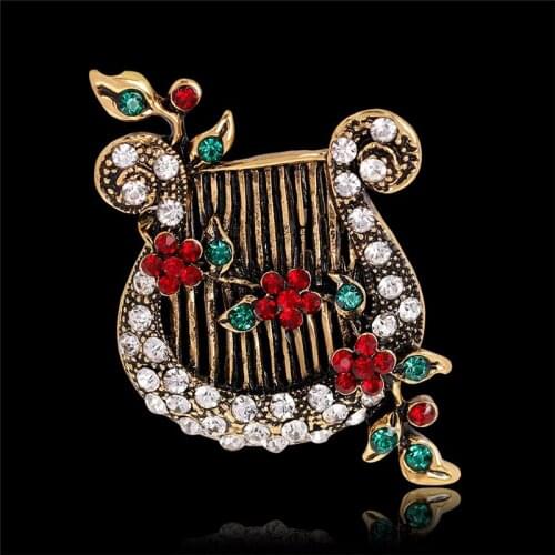 1pc Christmas Crystal Enamel Brooch Pin Harp Lute Collar Rhinestone Brooch Jewelry