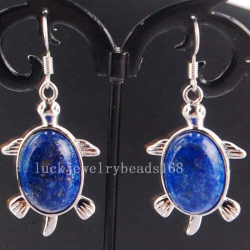 Free Shipping Women Fashion Jewelry 21x32mm Natural Lapis Lazuli Turtle Bead Dangle Earrings Pair C4176