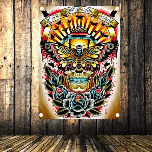 Black rose butterfly Vintage Banners Flag 4 Gromments in Corners Canvas Painting American Neo Traditional Tattoo Gun Art Poster
