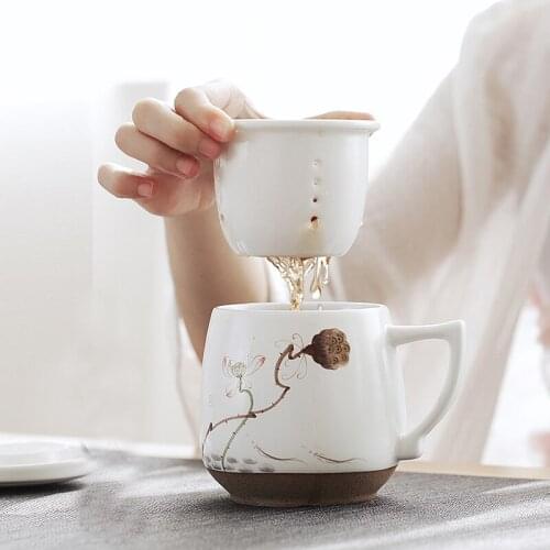 Jingdezhen hand-painted cups, ceramic mug custom office cups, Creative tea cup with cover and filter 340 ml