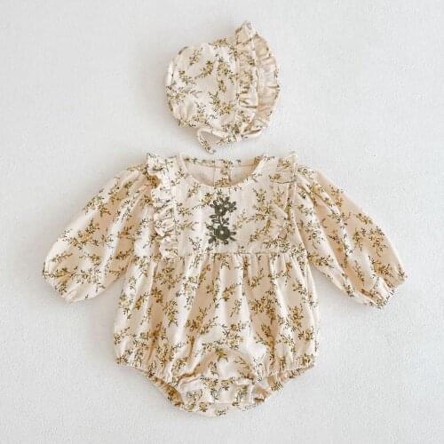 Autumn Newborn Infant Baby Girls Romper + Hat Cotton Long Sleeve Rompers Floral Kids Onepiece Fashion Baby Clothing