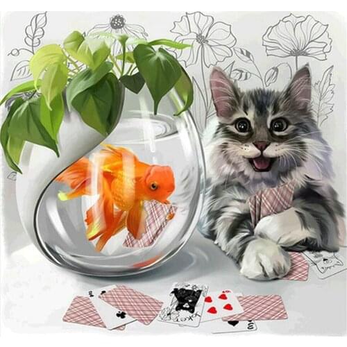 DIY 5D Diamond Mosaic cartoon cat play card goldfish 5D Full square Diamond Painting Cross Stitch Diamond Embroidery Home Decor