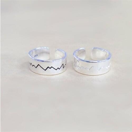 Retro ECG Wave Personality Creative Wide Open Rings Fine 925 Sterling Silver Jewelry Couple Rings Lover Gifts INS Hotsale SR436