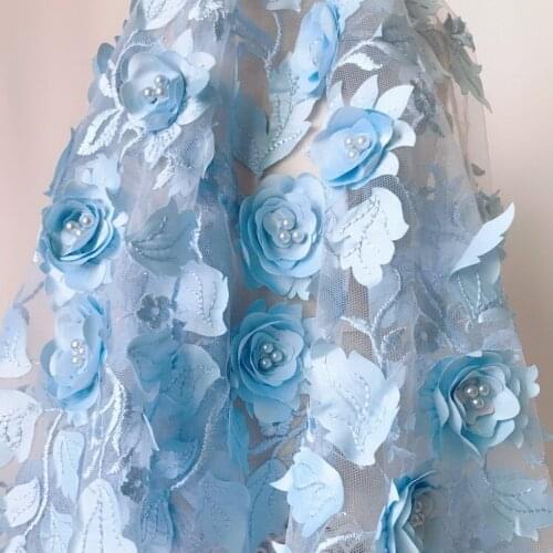 Blue 3D three-dimensional flower beaded embroidery lace fabric handmade clothing skirt dress fabric 1.3 meters wide
